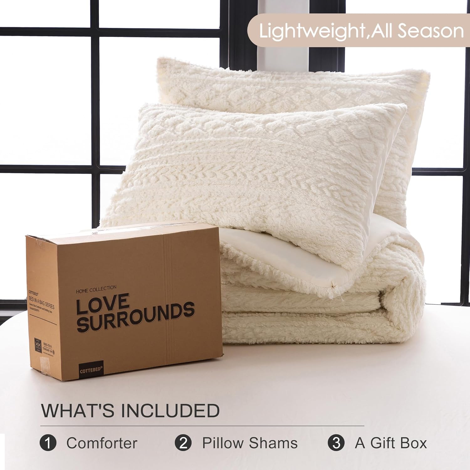 Comforter Sets KING Size Bed, Boho Tufted Cal KING Bedding Down Comforter, Lightweight Super Soft Reversible Washed Cotton Shabby Plush Fleece Sherpa All Season, Off White Ivory